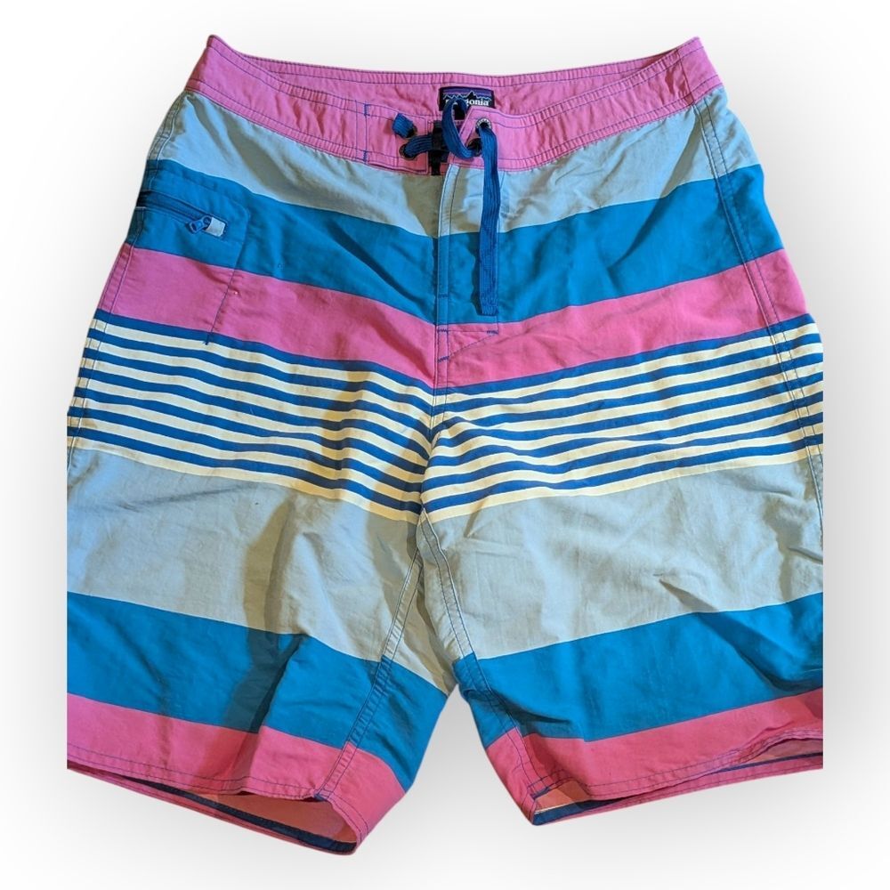 Patagonia Board Shorts Youth Boys 16 Blue Pink Stripes Swim Trunks Beach Outdoor